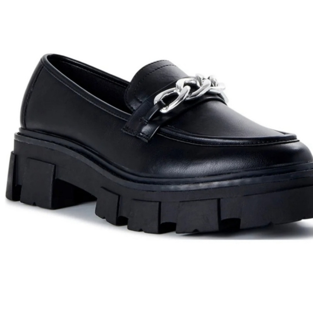 Abound Black Chunky Loafers with Silver Chain